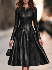 Round Neck Long Sleeve Croc-Embossed Faux Leather Zip-Front Paneled Fit And Flare Midi Dress