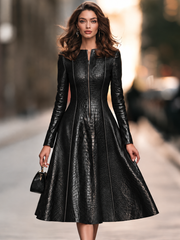 Round Neck Long Sleeve Croc-Embossed Faux Leather Zip-Front Paneled Fit And Flare Midi Dress