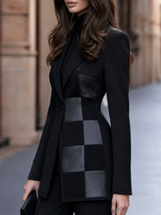 Faux Leather Checkerboard Patchwork Blazer