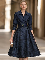 Lapel Collar Satin And Lace Patchwork Belted Midi Dress