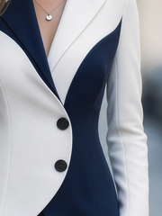 White & Navy Blue Geometric Color Block Asymmetrical Tailored Blazer
