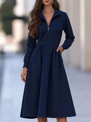 Women's Zip-Up Stand Collar Long Sleeve Fit and Flare Midi Dress