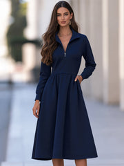 Women's Zip-Up Stand Collar Long Sleeve Fit and Flare Midi Dress