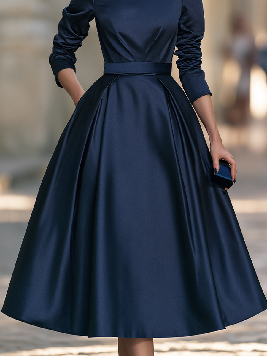 High-Neck Self-belt Satin Midi Dress