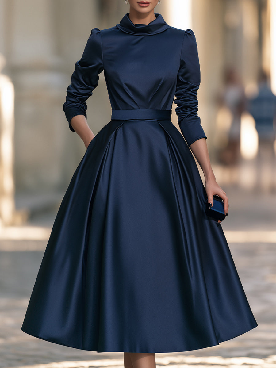 High-Neck Self-belt Satin Midi Dress