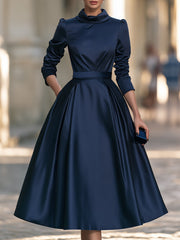 High-Neck Self-belt Satin Midi Dress