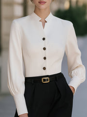 Stand Collar Button-Front Tailored Blouse