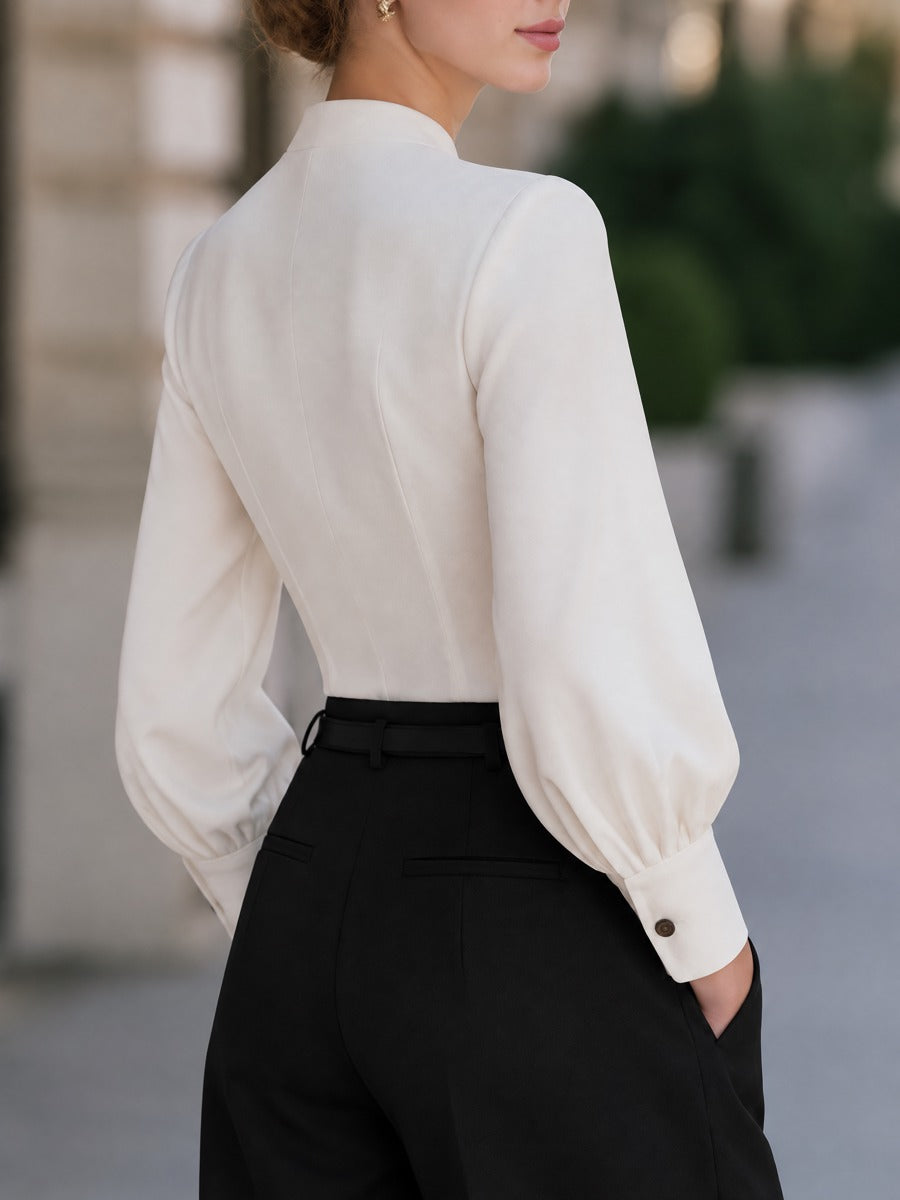 Stand Collar Button-Front Tailored Blouse