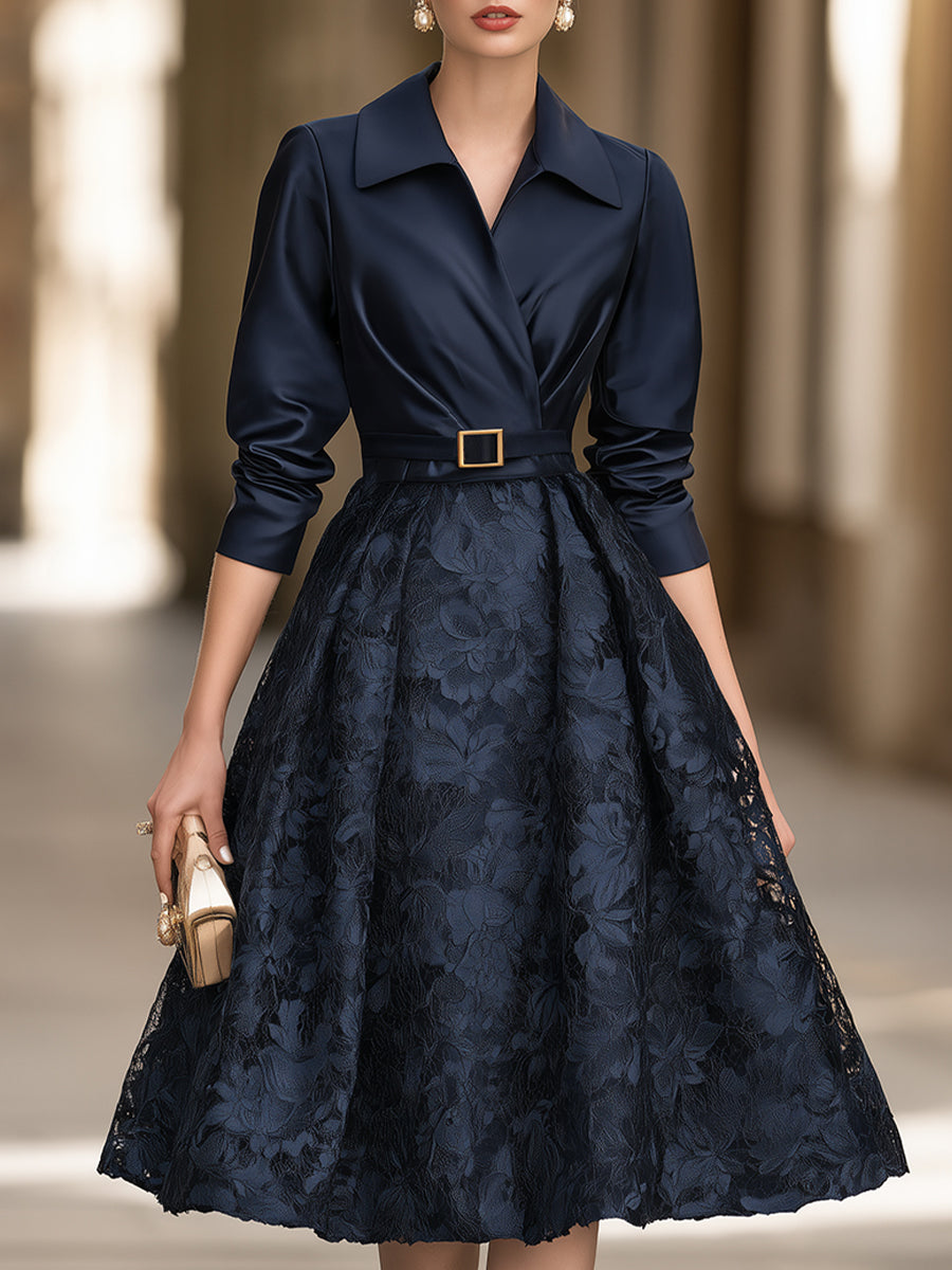 Lapel Collar Satin And Lace Patchwork Belted Midi Dress