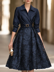 Lapel Collar Satin And Lace Patchwork Belted Midi Dress