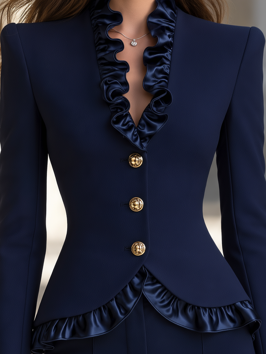 Elegant Peplum Satin Ruffle Trim Fitted Blazer