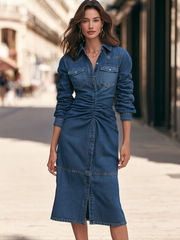 Pointed Collar Long Sleeve Denim Button-Front Ruched Waist Western Shirt Midi Dress
