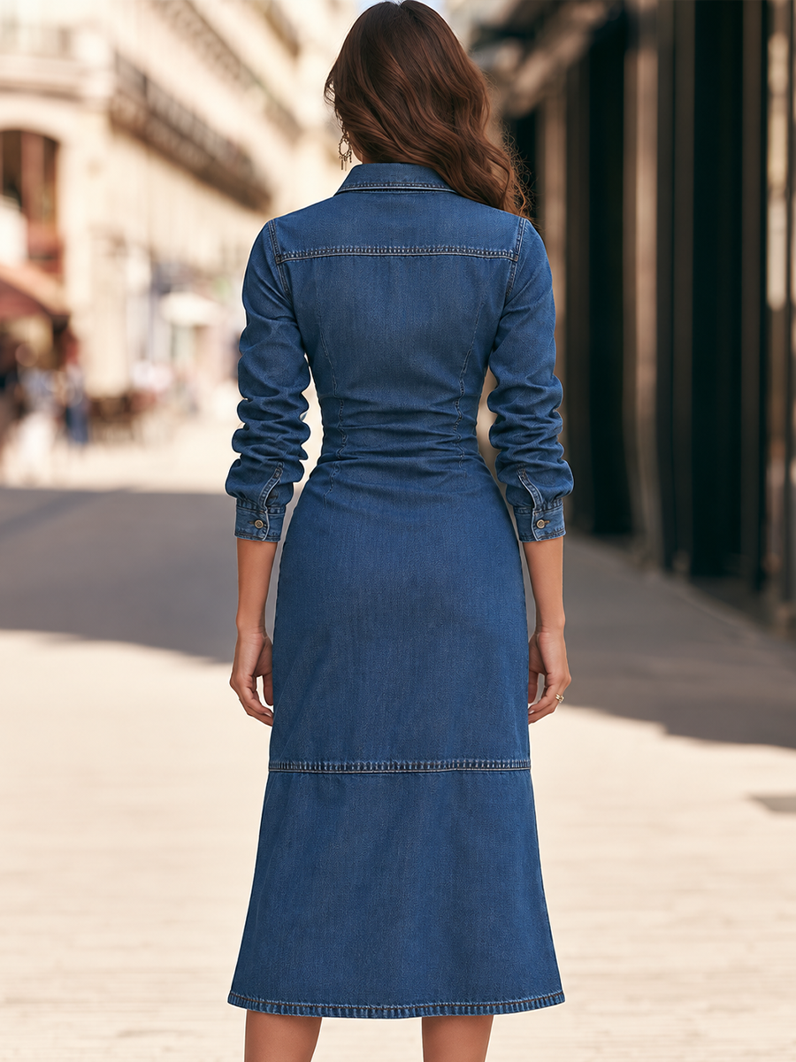Pointed Collar Long Sleeve Denim Button-Front Ruched Waist Western Shirt Midi Dress