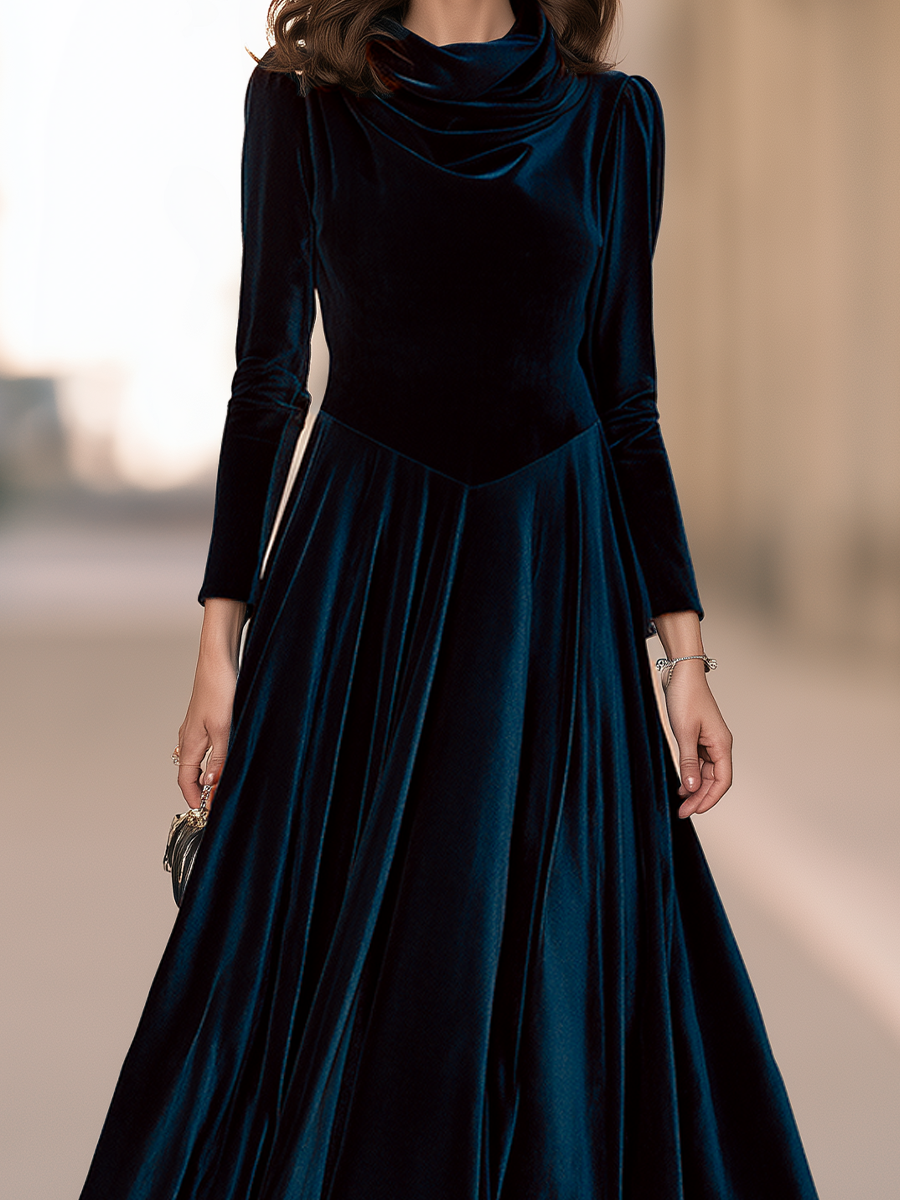 Draped Cowl Neck Long Sleeve Velvet Pointed Waist Fit And Flare Maxi Dress