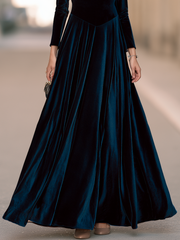Draped Cowl Neck Long Sleeve Velvet Pointed Waist Fit And Flare Maxi Dress