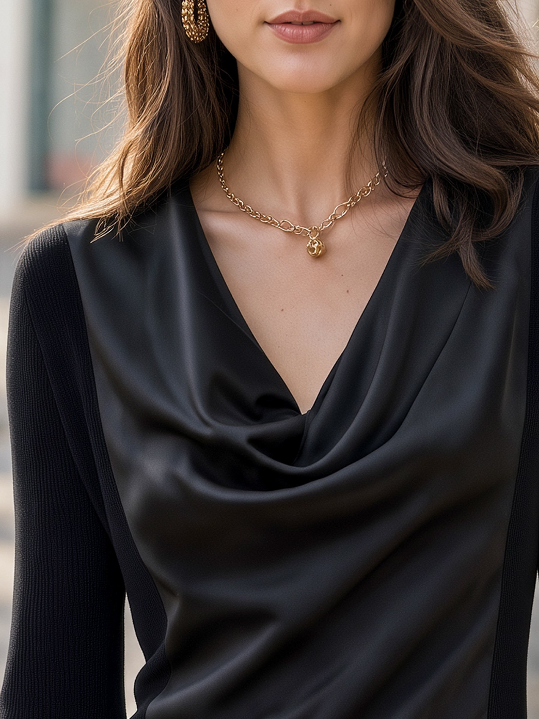Cowl Neck Satin Panel Structured Top