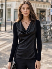 Cowl Neck Satin Panel Structured Top