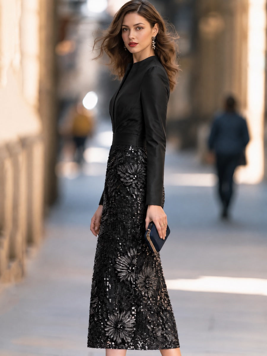 Sequin Floral Skirt Split Neck Pleated Bodice Sheath Midi Dress