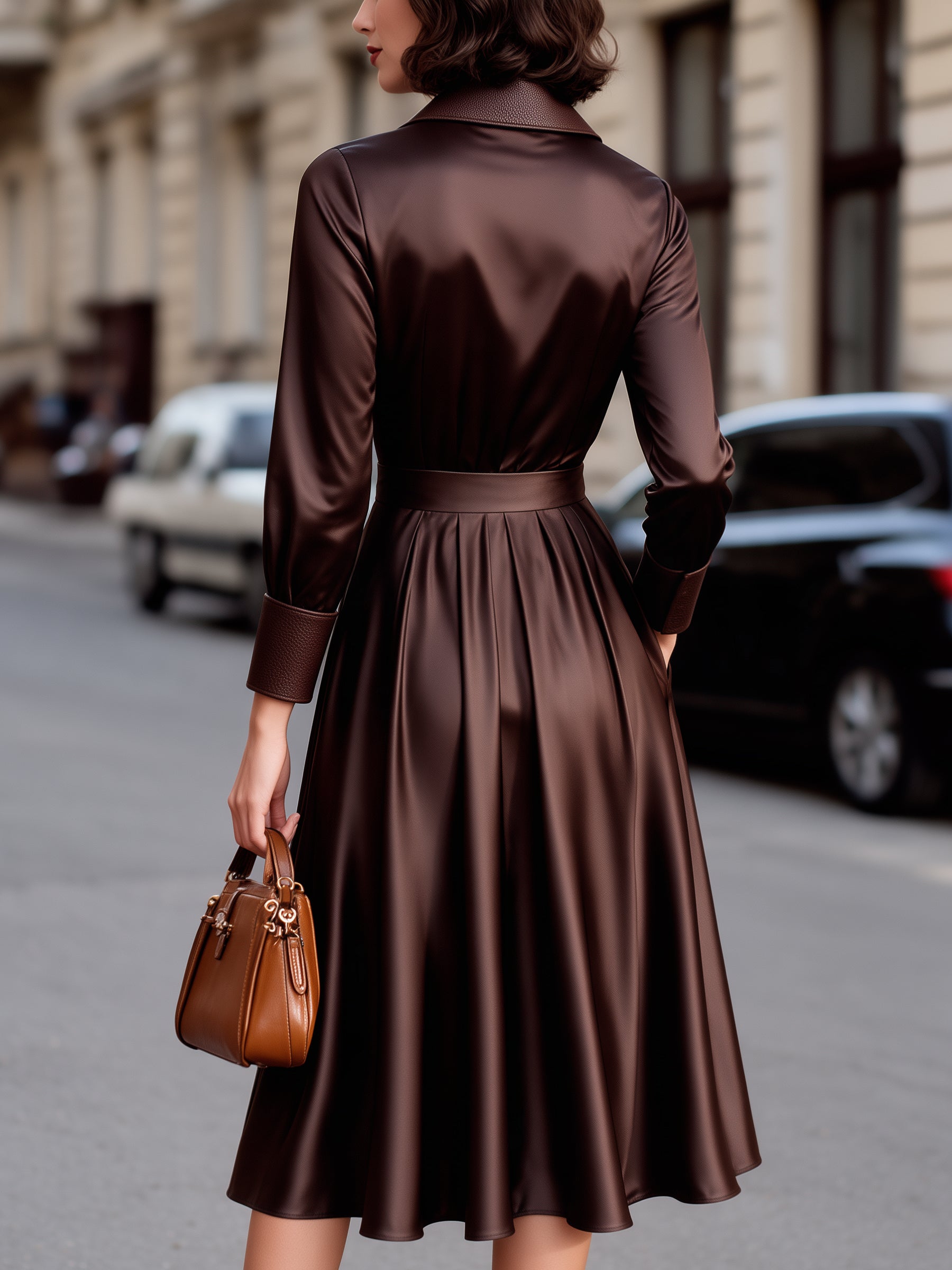 Satin Wrap Front Shirt Dress With Flared Skirt