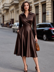 Satin Wrap Front Shirt Dress With Flared Skirt