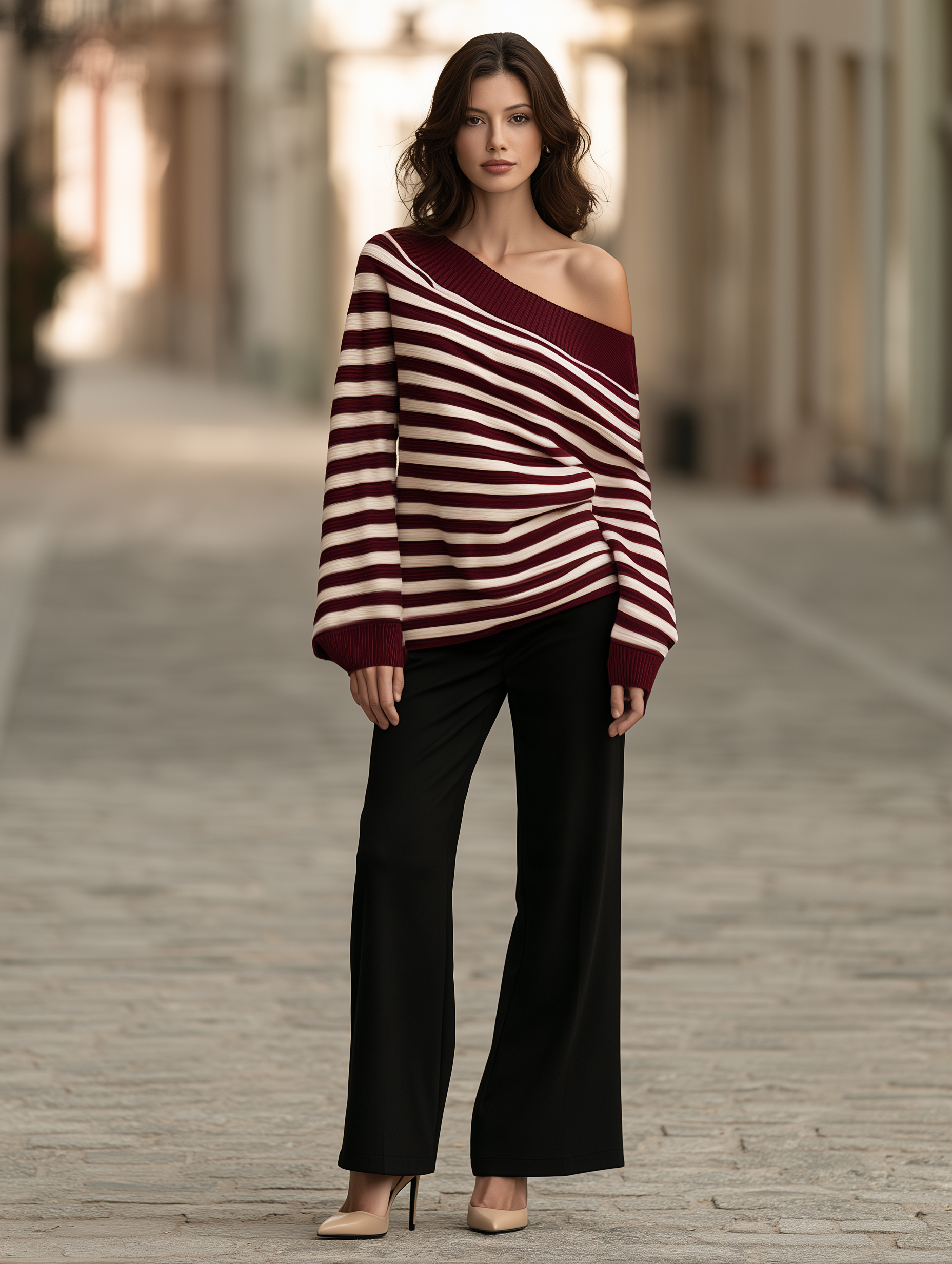 Off Shoulder Striped Ribbed Knit Sweater