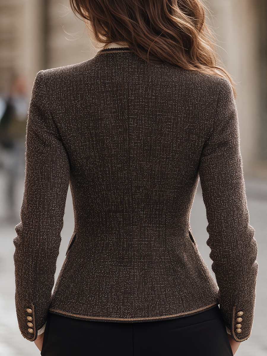 Brown Speckled Tweed Stand Collar Fitted Jacket