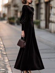 Floral Appliqué Boat-Neck Puff-Sleeve Velvet Maxi Dress