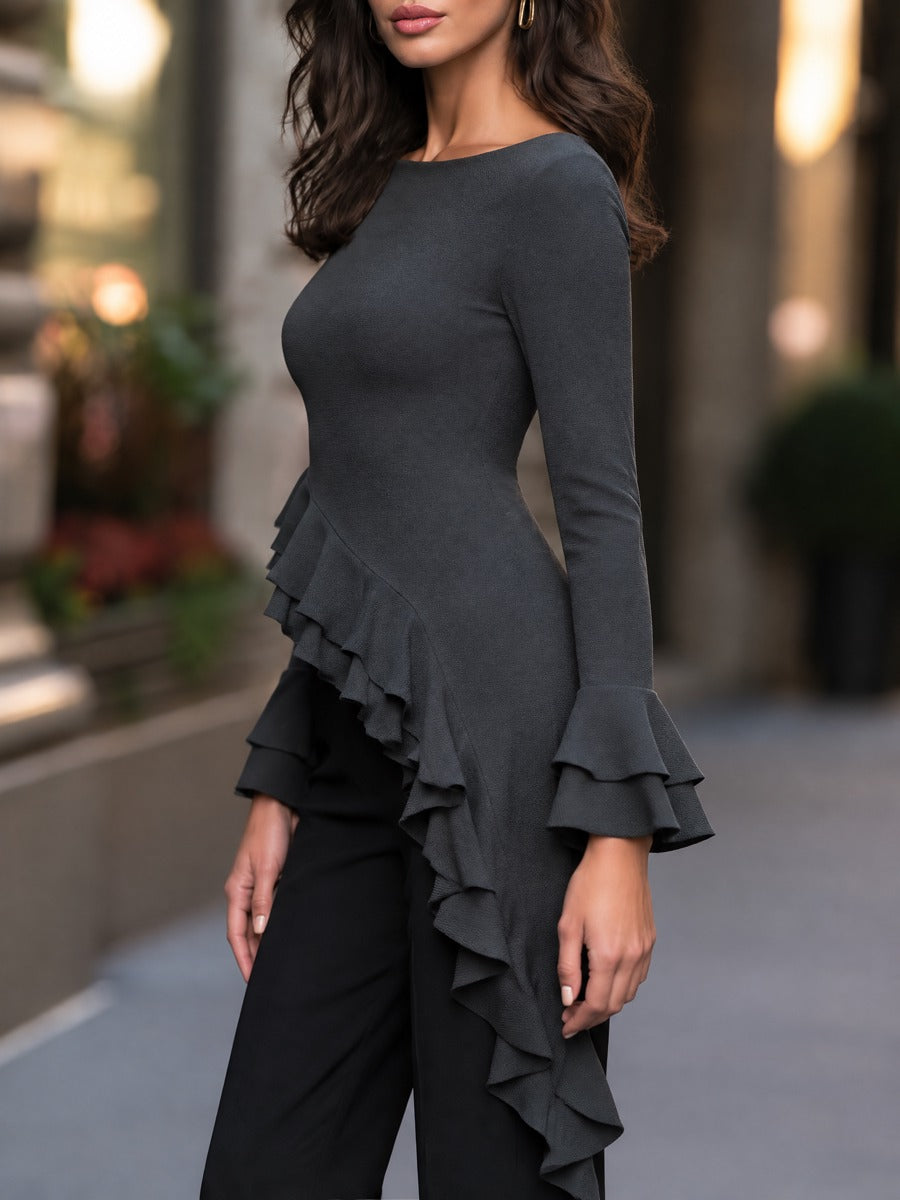 Asymmetric Ruffle Hem Bell Sleeve Knit Top