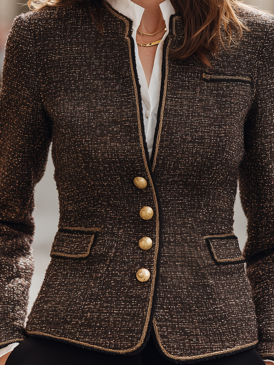 Brown Speckled Tweed Stand Collar Fitted Jacket
