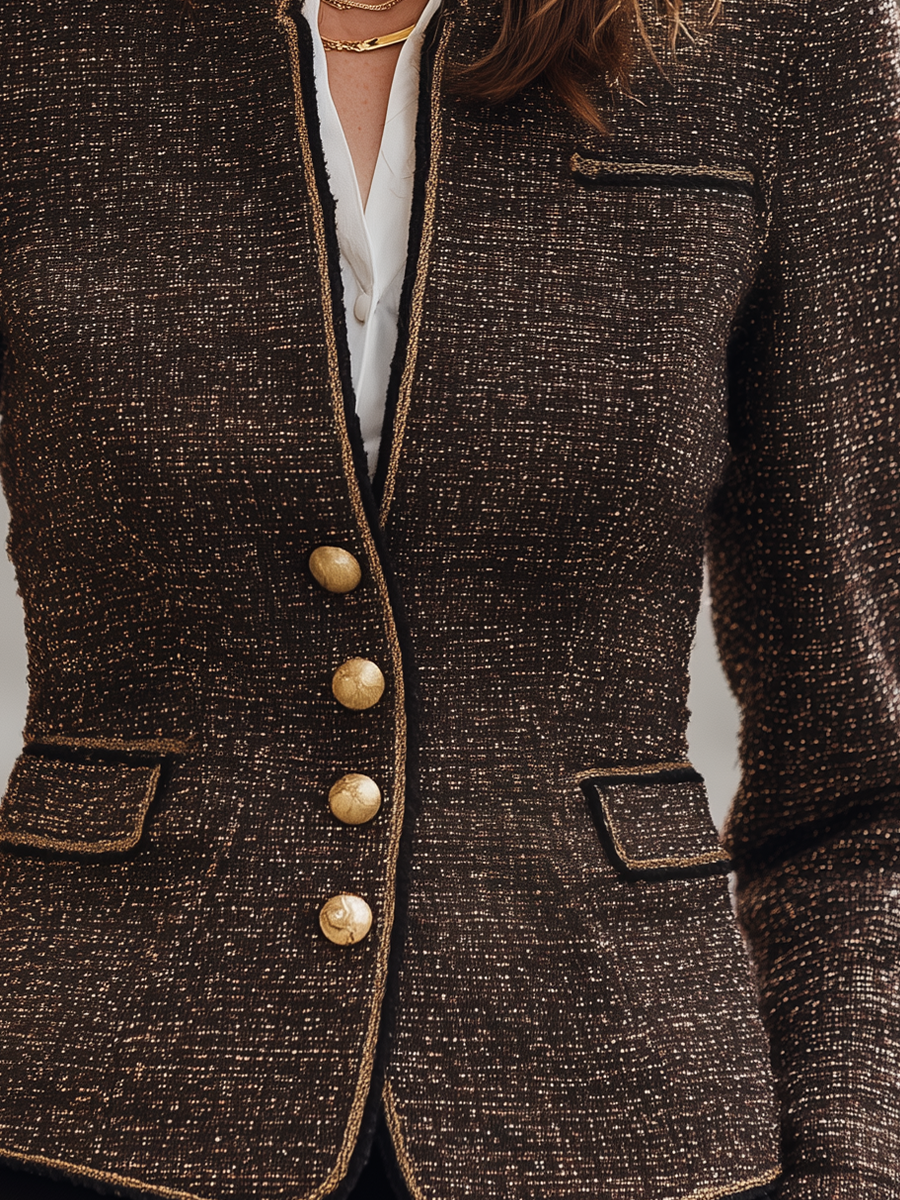 Brown Speckled Tweed Stand Collar Fitted Jacket