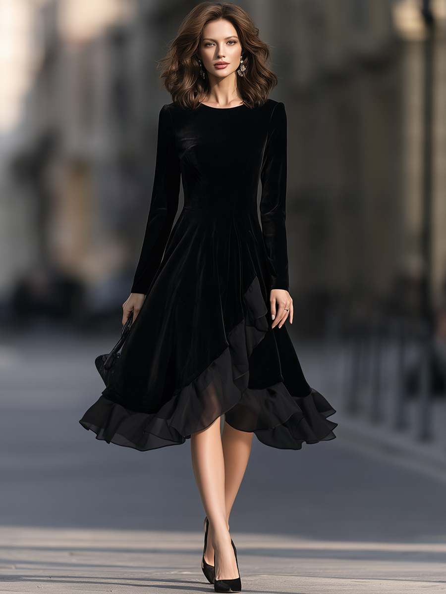 Velvet Crew Neck Asymmetric Ruffle Hem Fit And Flare Midi Dress