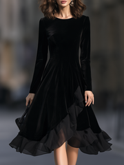 Velvet Crew Neck Asymmetric Ruffle Hem Fit And Flare Midi Dress