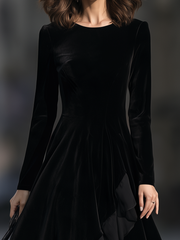 Velvet Crew Neck Asymmetric Ruffle Hem Fit And Flare Midi Dress