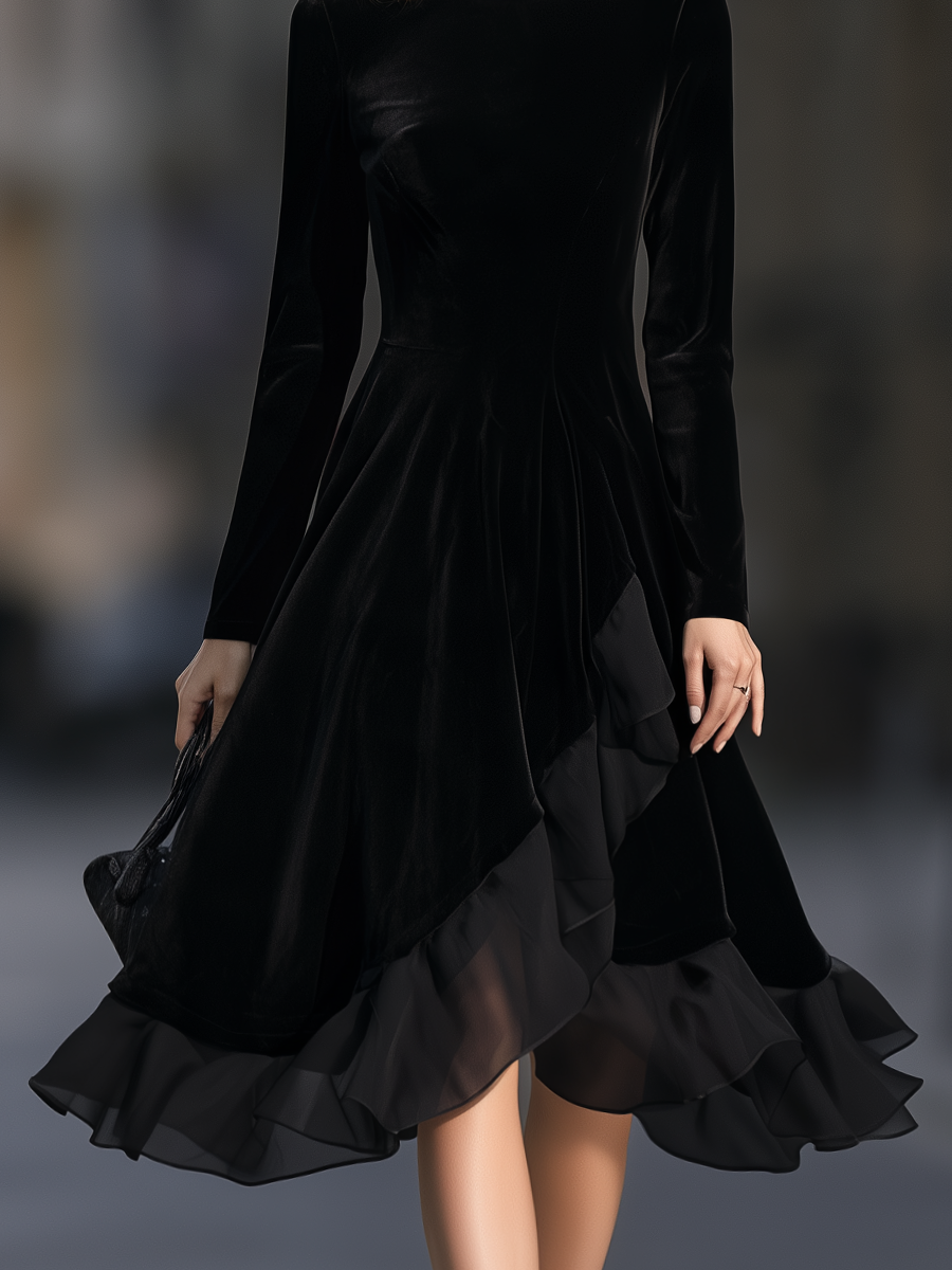Velvet Crew Neck Asymmetric Ruffle Hem Fit And Flare Midi Dress