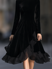 Velvet Crew Neck Asymmetric Ruffle Hem Fit And Flare Midi Dress