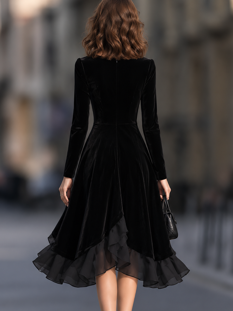 Velvet Crew Neck Asymmetric Ruffle Hem Fit And Flare Midi Dress