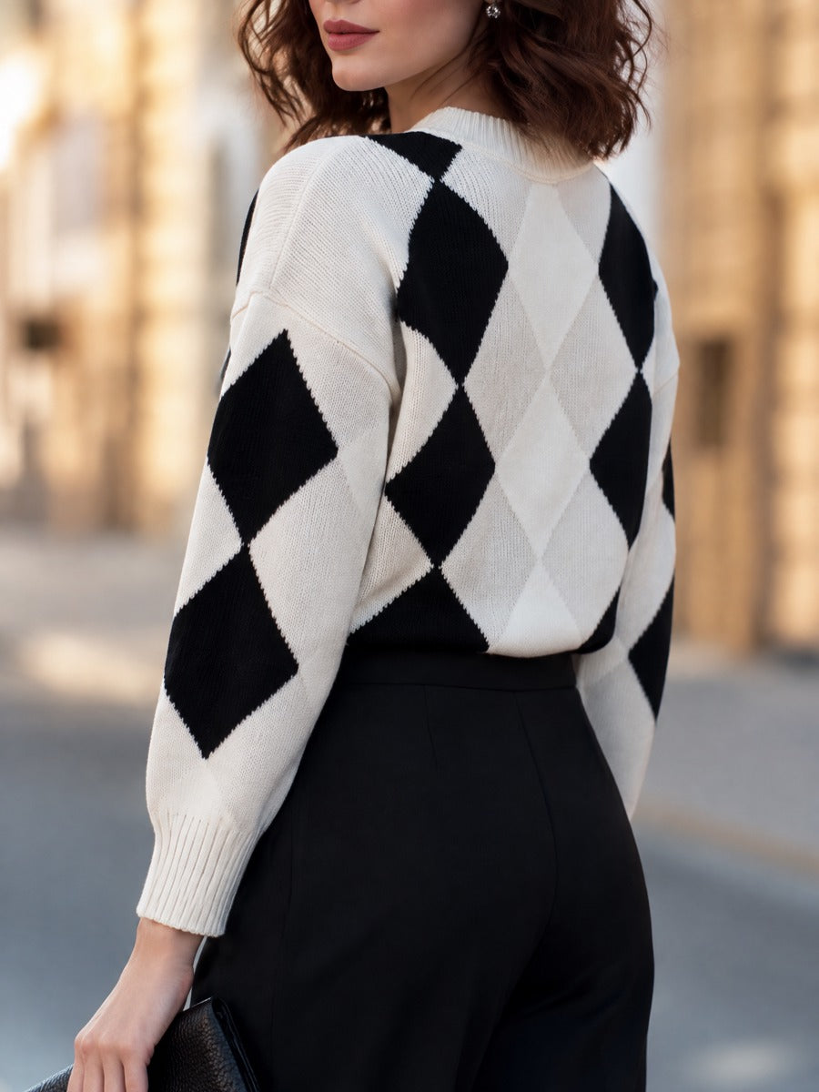 Argyle Diamond Pattern Crew Neck Knit Sweater
