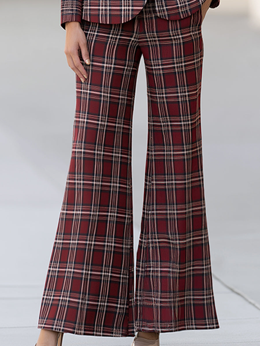 Burgundy Plaid Tailored Peplum Blazer And Wide Leg Pants Set