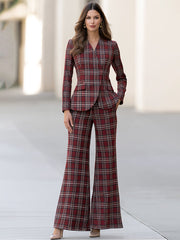 Burgundy Plaid Tailored Peplum Blazer And Wide Leg Pants Set