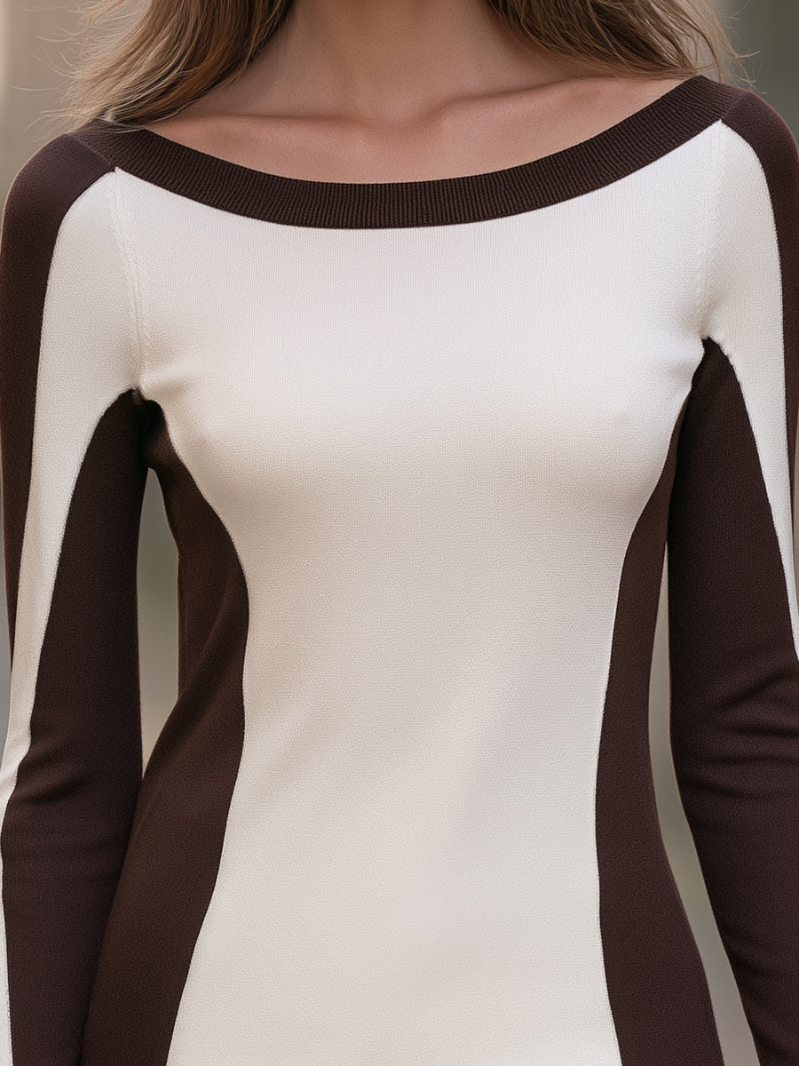Contrast Color Boat Neck Knit Top
