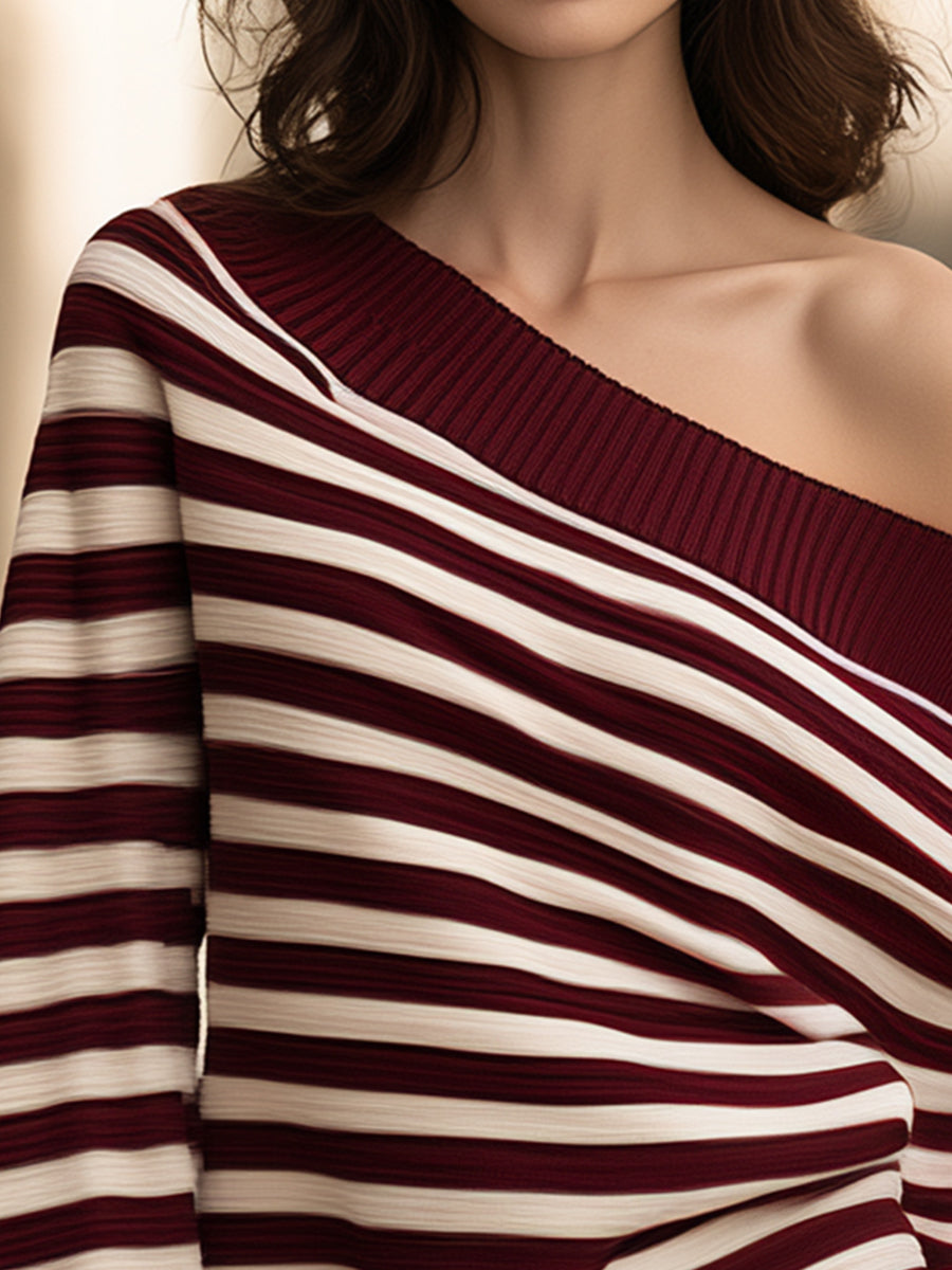 Off Shoulder Striped Ribbed Knit Sweater