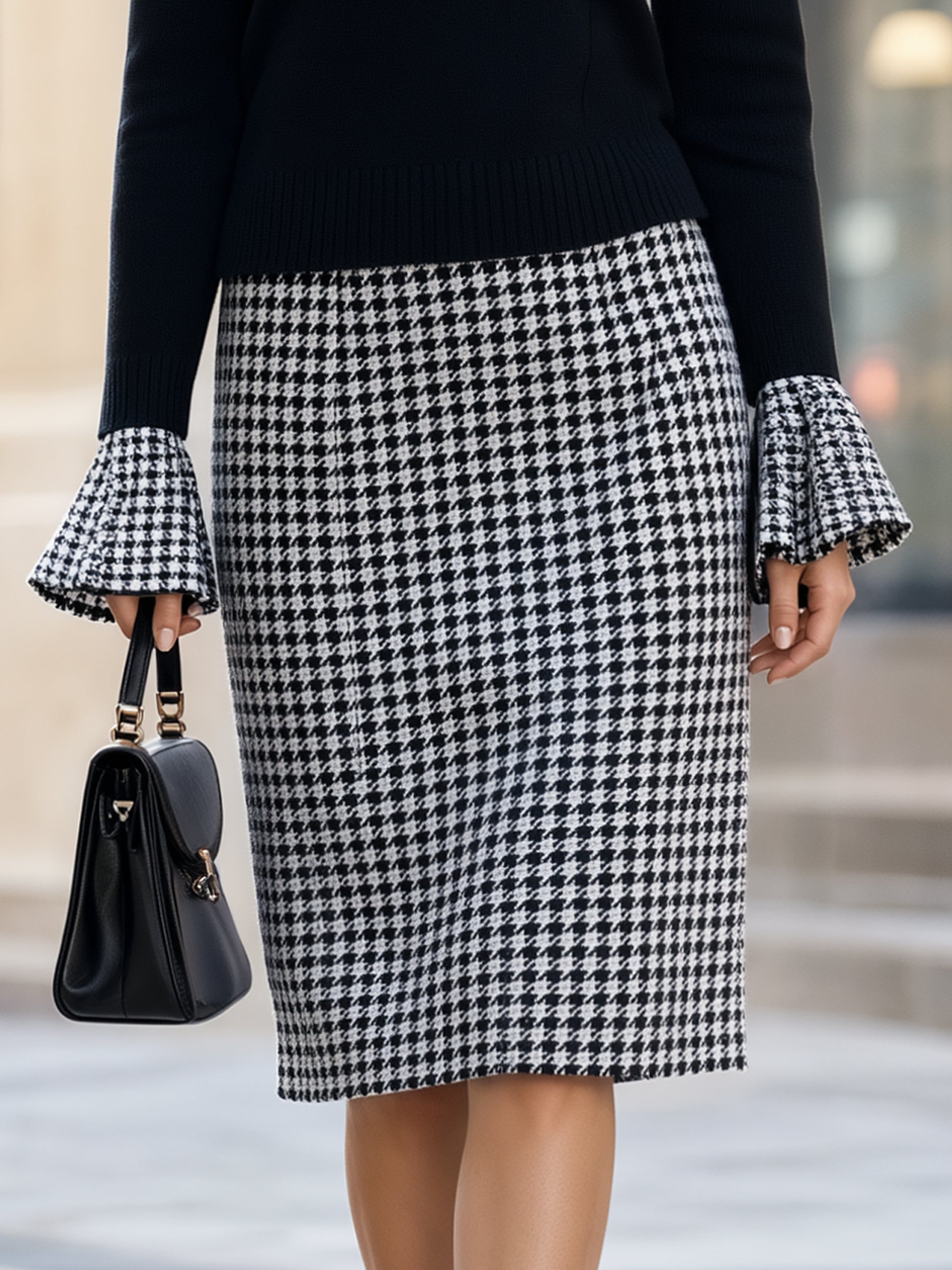 Houndstooth Ruffle Cuff V-Neck Sweater & Pencil Skirt Tailored Set