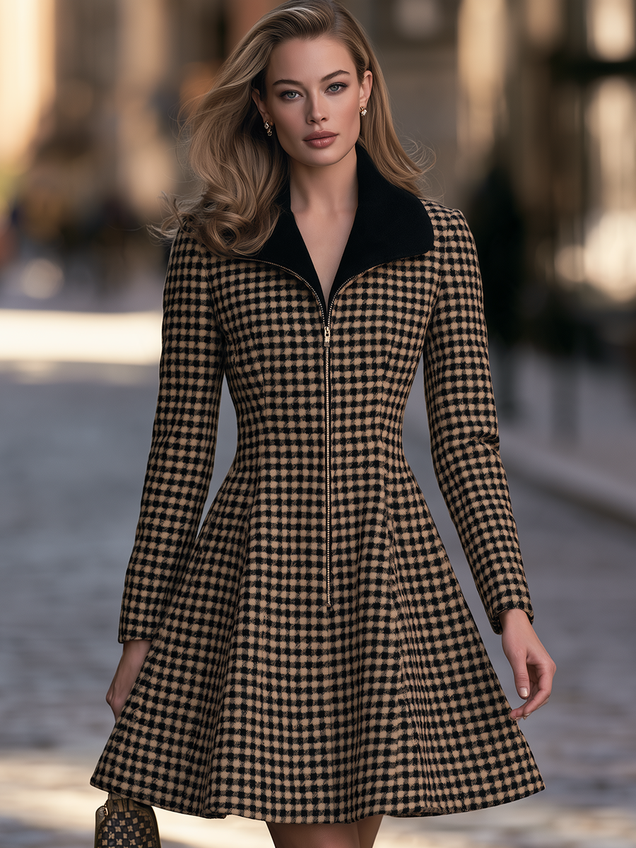 Gingham Check Contrast Collar Zip-Front Fit And Flare Coat Dress