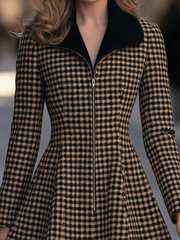 Gingham Check Contrast Collar Zip-Front Fit And Flare Coat Dress