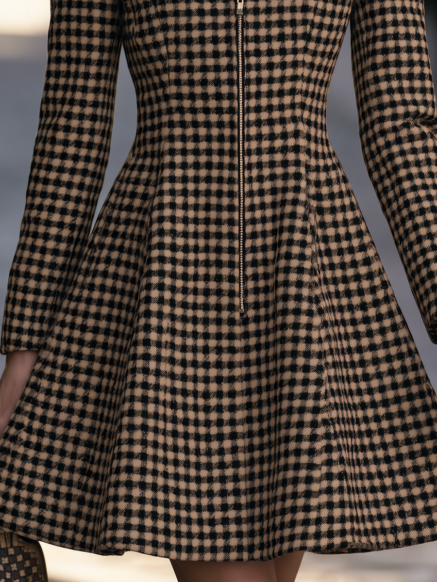 Gingham Check Contrast Collar Zip-Front Fit And Flare Coat Dress