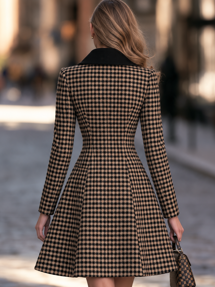 Gingham Check Contrast Collar Zip-Front Fit And Flare Coat Dress