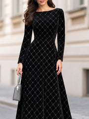 Black Velvet Boat Neck Long Sleeve Maxi Dress