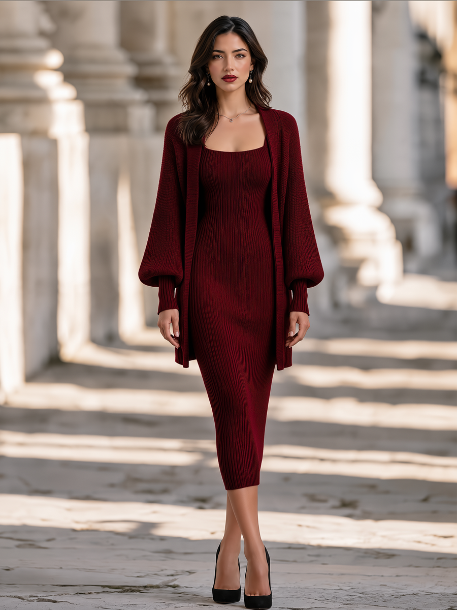 Elegant Ribbed Knit Midi Dress & Open Front Cardigan Set