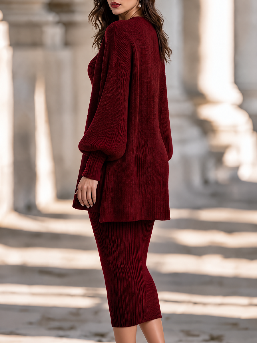 Elegant Ribbed Knit Midi Dress & Open Front Cardigan Set