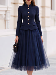 Tweed Stand‑Collar Peplum Jacket And Tulle Midi Skirt Two‑Piece Set